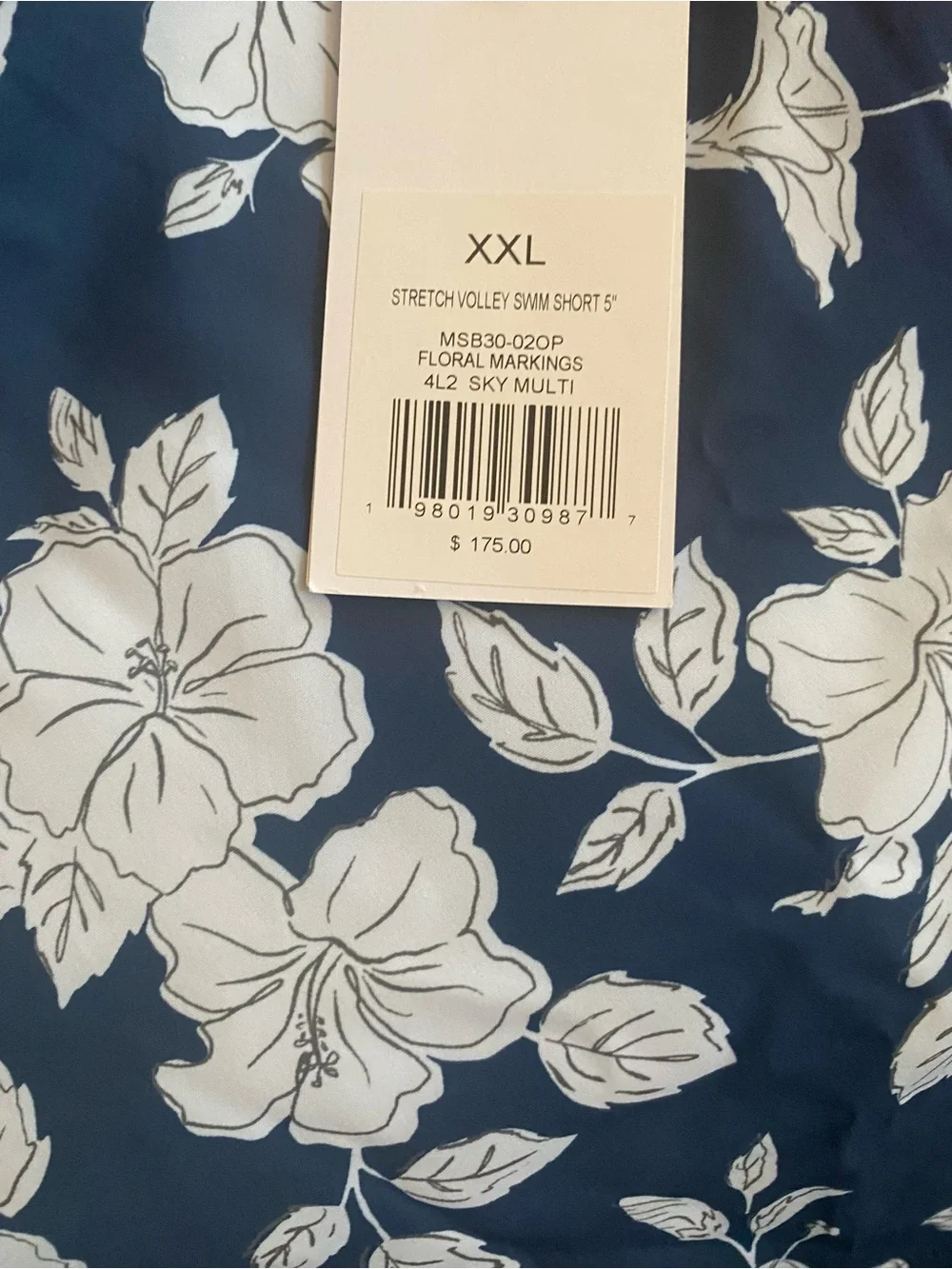 Onia Navy Swim Trunks with White Floral Print. Size XXL